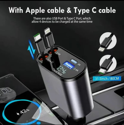 (120W) Premium 4-in-1 Retractable Superfast Car Charger (31 Inch, 120w)