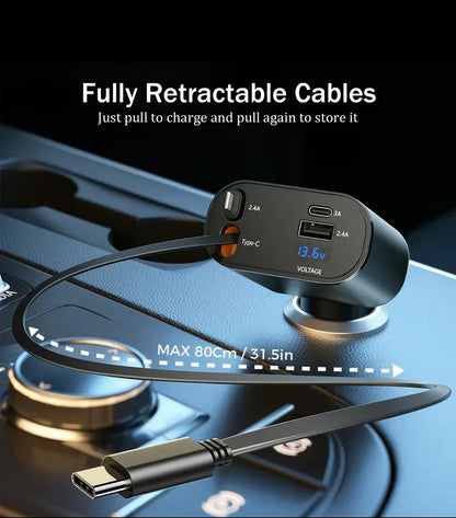 (120W) Premium 4-in-1 Retractable Superfast Car Charger (31 Inch, 120w)