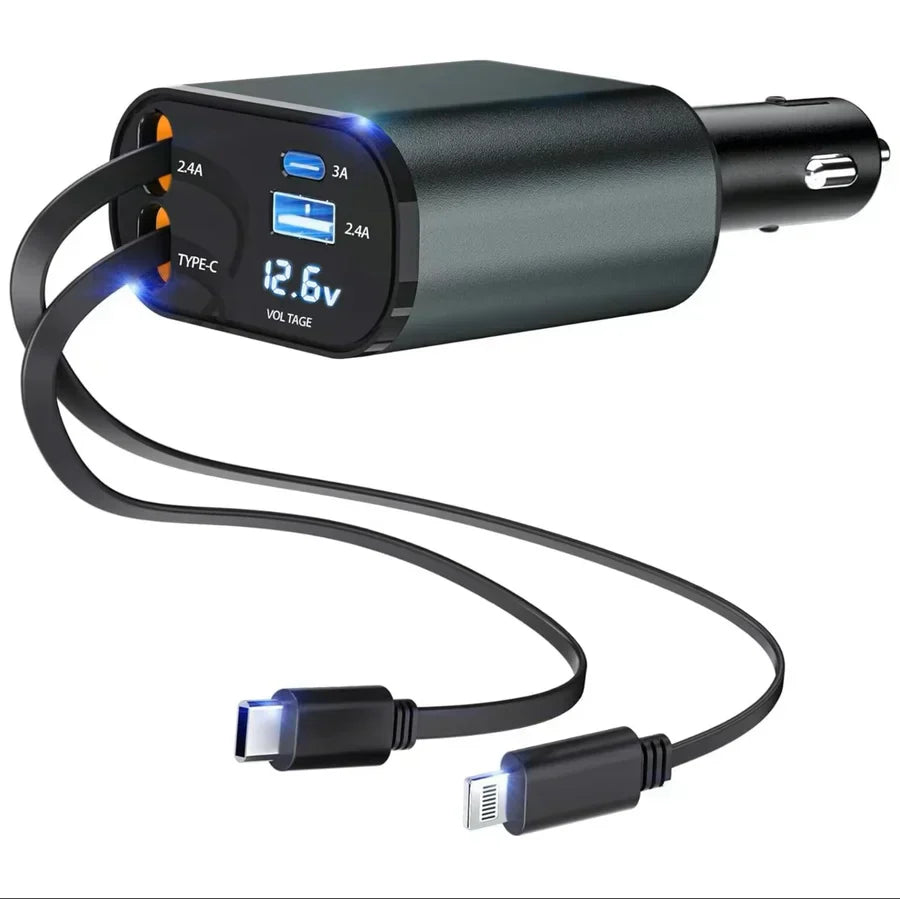 (120W) Premium 4-in-1 Retractable Superfast Car Charger (31 Inch, 120w)