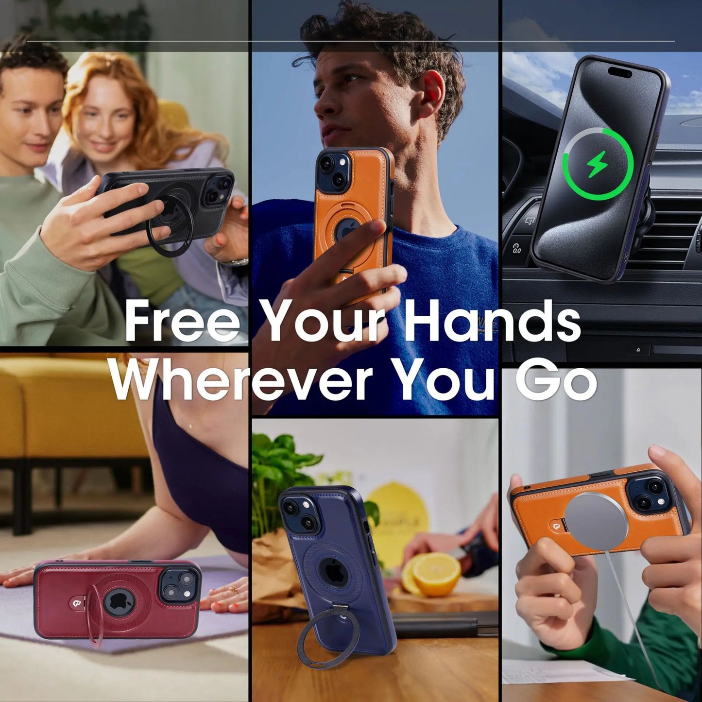 Leather Stand Magnetic Phone Case for iPhone/Samsung with Ring Stand